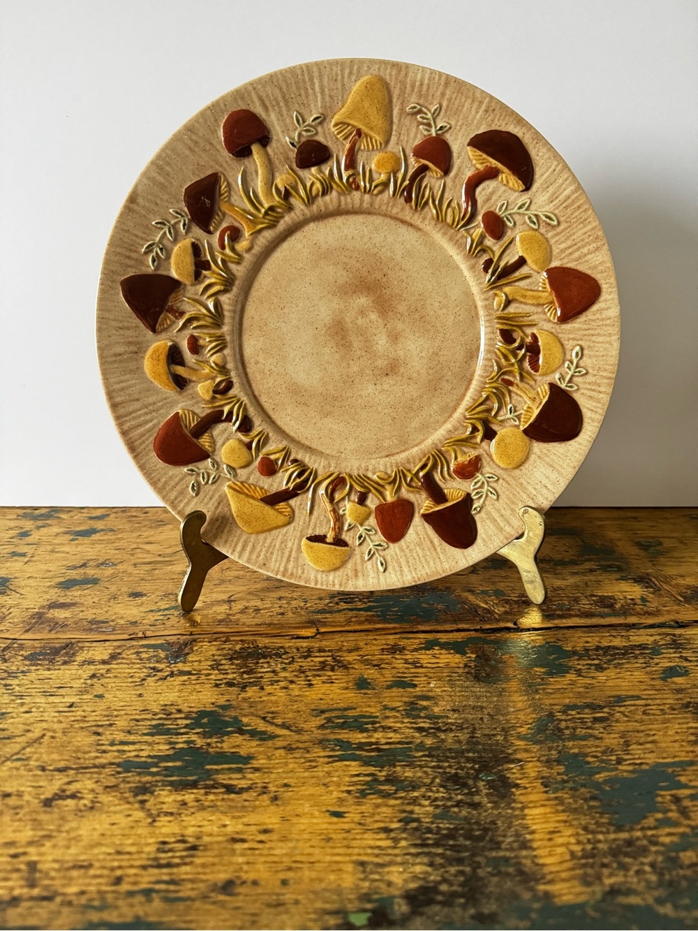 Decorative Mushroom Motif Ceramic Plate in Warm Earth Tones